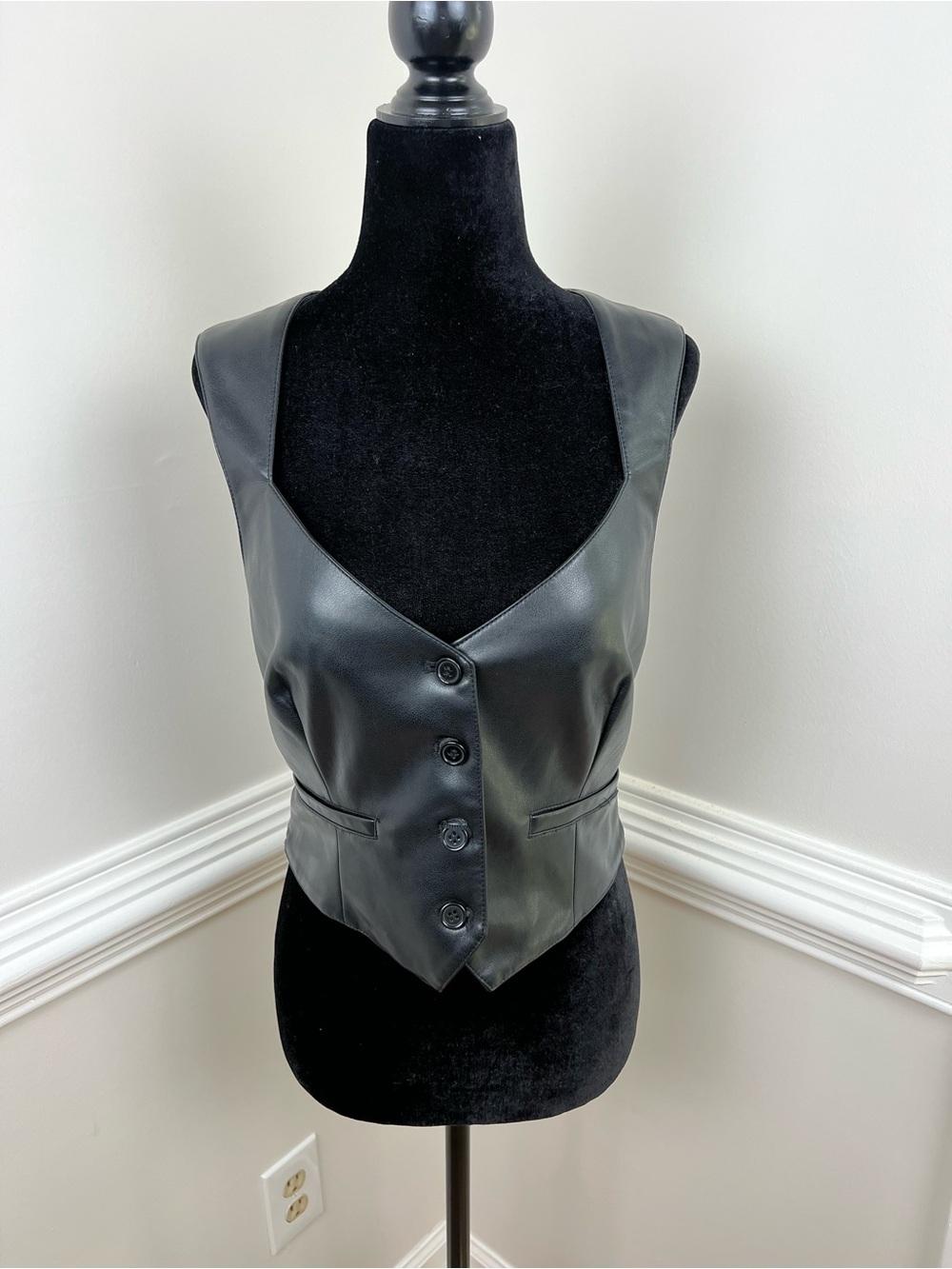 7 For All Mankind Black Faux Leather Cropped Button Front Vest